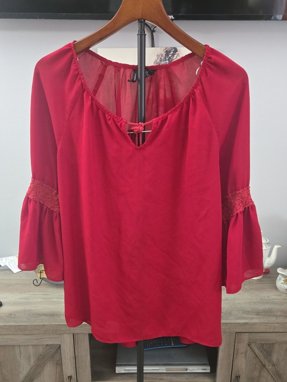 new directions Red Peasant Top with Crochet Bell Sleeves